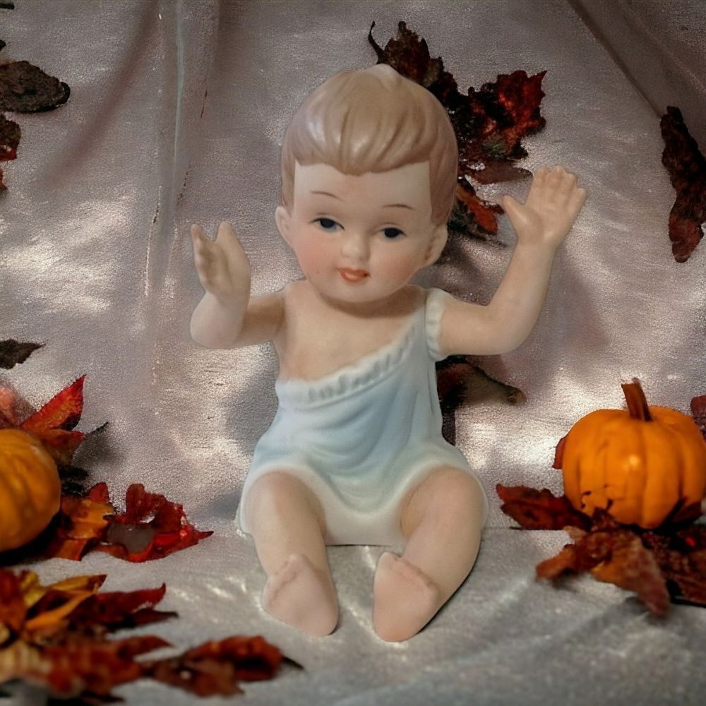 Vintage Piano Baby Bisque Porcelain Figure Blue Boy Arms Up 3.5" Handpainted